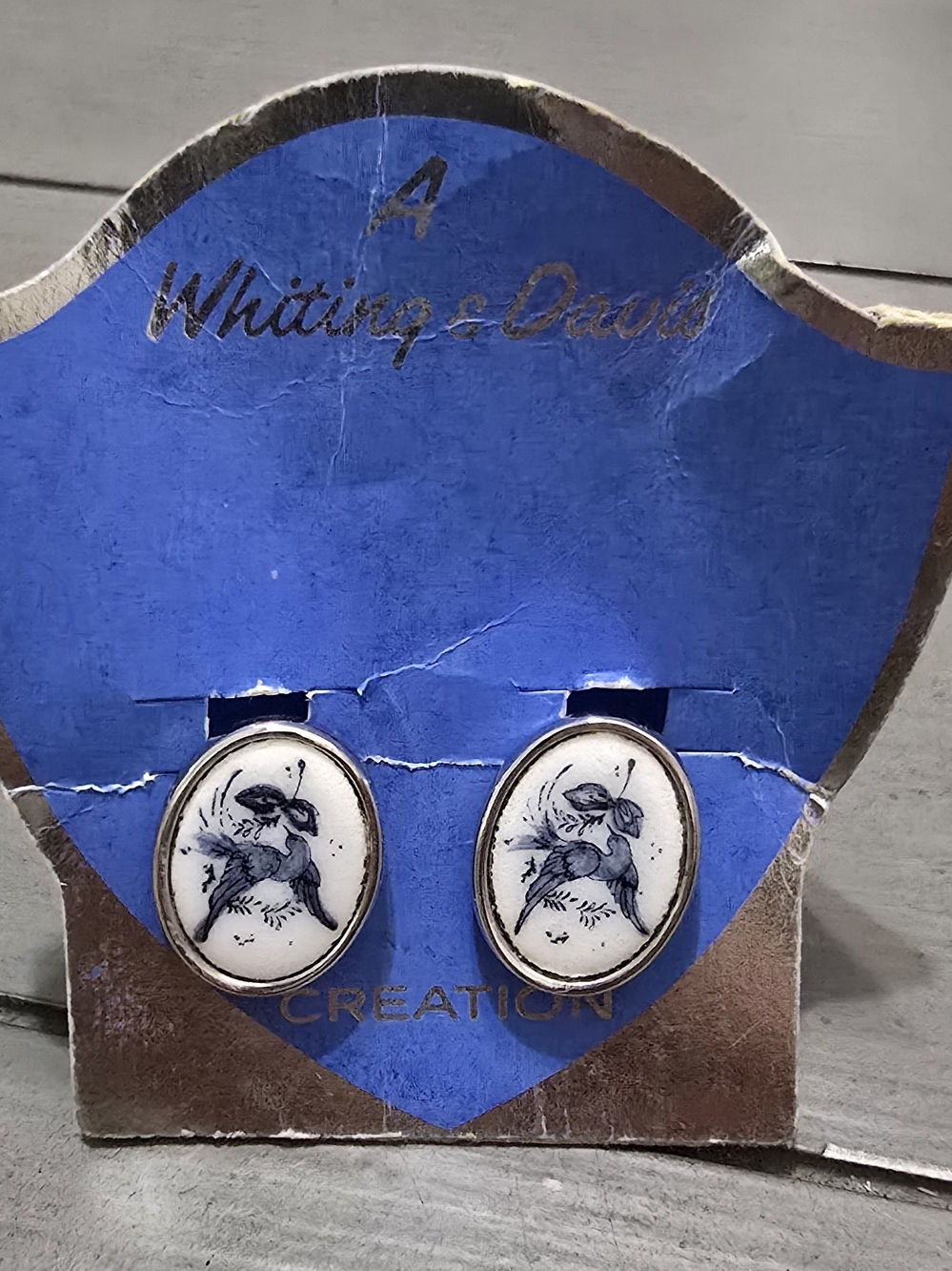 Whiting & Davis Blue and White Bird Motif Oval Clip-On Earrings